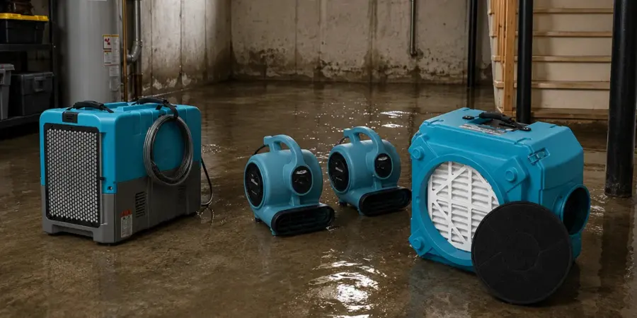 Dehumidifiers running on a flooded Fort Worth floor
