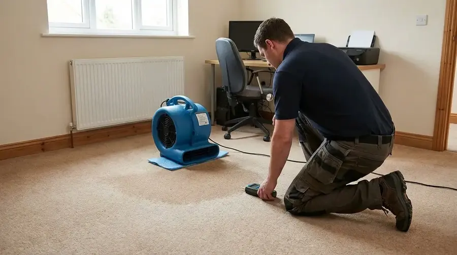A restorer drying carpet by a window after a leak